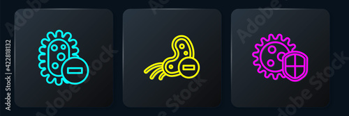 Set line Negative virus, Shield protecting from and . Black square button. Vector