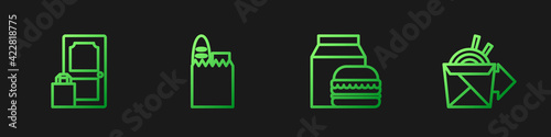 Set line Online ordering and burger delivery, , Shopping bag food and noodles. Gradient color icons. Vector