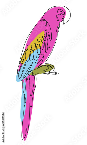 The parrot is sitting. Bird in modern one line style. Solid line, outline for decor, posters, stickers, logo. Vector illustration.