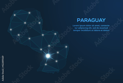 Paraguay communication network map. Vector low poly image of a global map with lights in the form of cities. Map in the form of a constellation, mute and stars