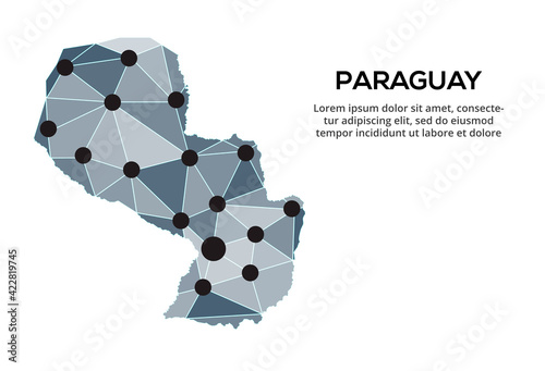 Paraguay communication network map. Vector image of a low poly global map with city lights. Map in the form of triangles and dots