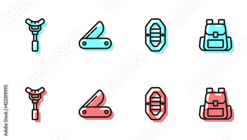 Set line Rafting boat, Sausage on the fork, Swiss army knife and Hiking backpack icon. Vector