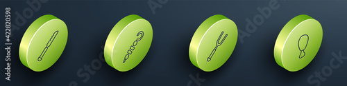 Set Isometric line Bread knife, Grilled shish kebab, Barbecue fork and Chicken leg icon. Vector
