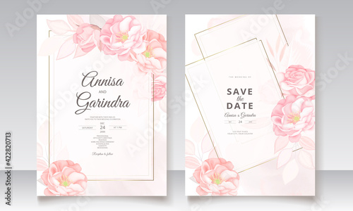  Romantic Wedding invitation card template set with beautiful  floral leaves Premium Vector