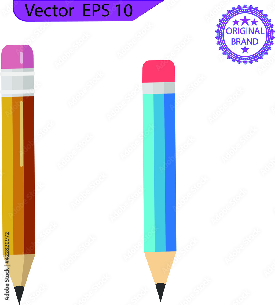 Pencil icon flat design vector isolated. Pencil icons in flat style. Pencil in different designs. Pencil with Rubber eraser,  Pencil with rubber eraser in modern simple flat design. 