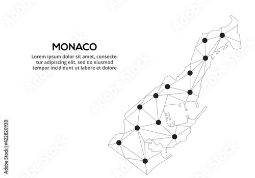 Monaco communication network map. Vector image of a low poly global map with city lights. Map in the form of lines and dots