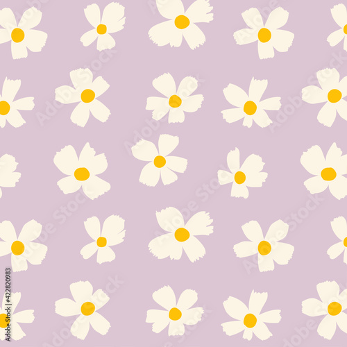 Seamless pattern with daisies.Hand drawn floral background.Abstract texture with chamomile.Random camomile backdrop.Spring illustration in pastel colors.