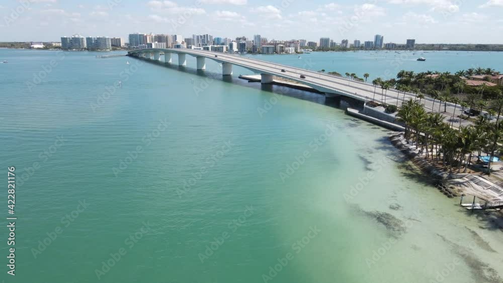 grand aerial view of Sarasota flying over the John Ringling Causeway, from Ringling Causeway Park in Sarasota, Florida, USA grand aerial view of Sarasota flying over the John Ringling Causeway, from Ringling Causeway Park in Sarasota, Florida, USA