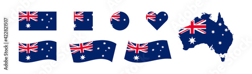 Australia set of flags and map. Country isolated icon. Vector for banner design.