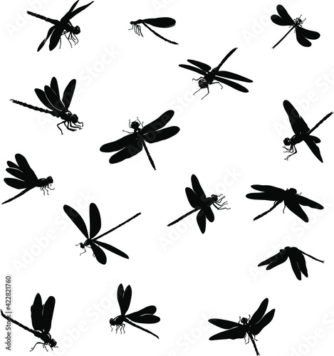 dragonfly, insect, various poses, movements and foreshortenings of figures, black, , black silhouette