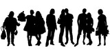 Vector silhouettes of a group of people buyers tourists with bags in their hands. Women and men to their full height, a married couple, a guy and a girl hug. The girl lifted up a bag with purchases.