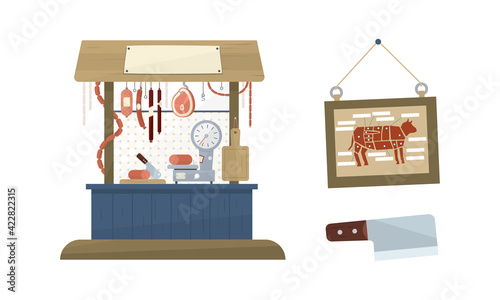 Butcher Shop or Meat Market with Stall and Hanging Sausage Vector Set