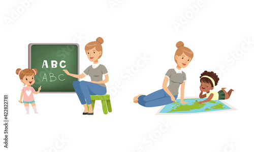 Cute Little Girl Sitting Studying and Learning Alphabet and Geography with Young Teacher Vector Set