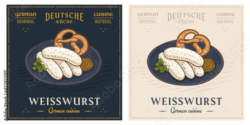 Traditional German Weisswurst meal with sweet mustard and pretzel