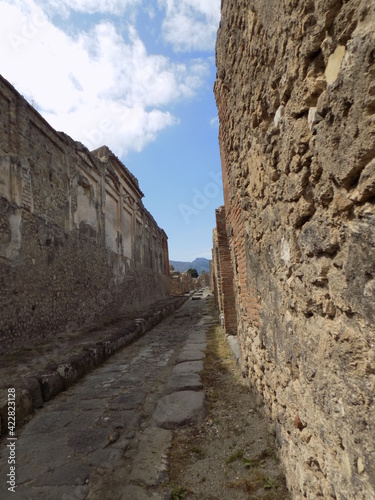 Ruins in Pompeii, Italy, with a Wall Lined back Alley made of Stone and Uncovered from te Eruption of Mount Vesuvius photo