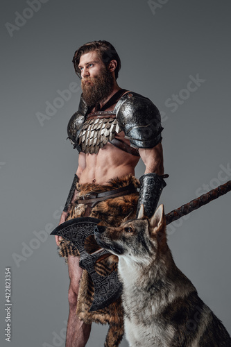 Brown haired naked viking wearing armoured clothing poses with a wolf