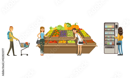 People Characters in Supermarket with Shopping Cart Buying Grocery Products Vector Illustration Set