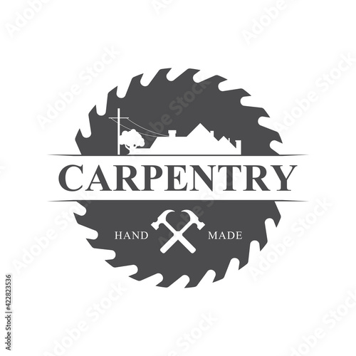 A circular saw. Carpentry emblem. Vector illustration isolated on white