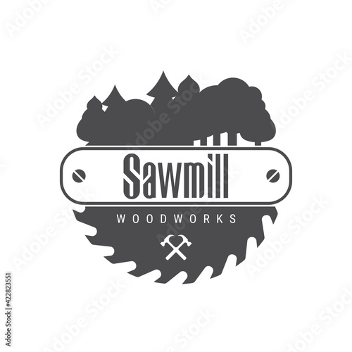A circular saw. Sawmill. Carpentry emblem. Vector illustration isolated on white