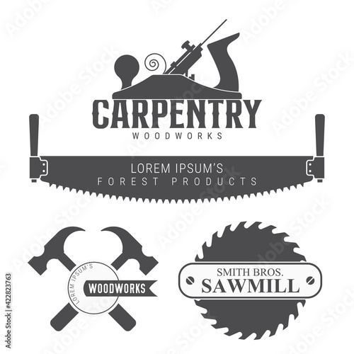 Carpentry, woodworks, sawmill emblem. Vector illustration isolated on white