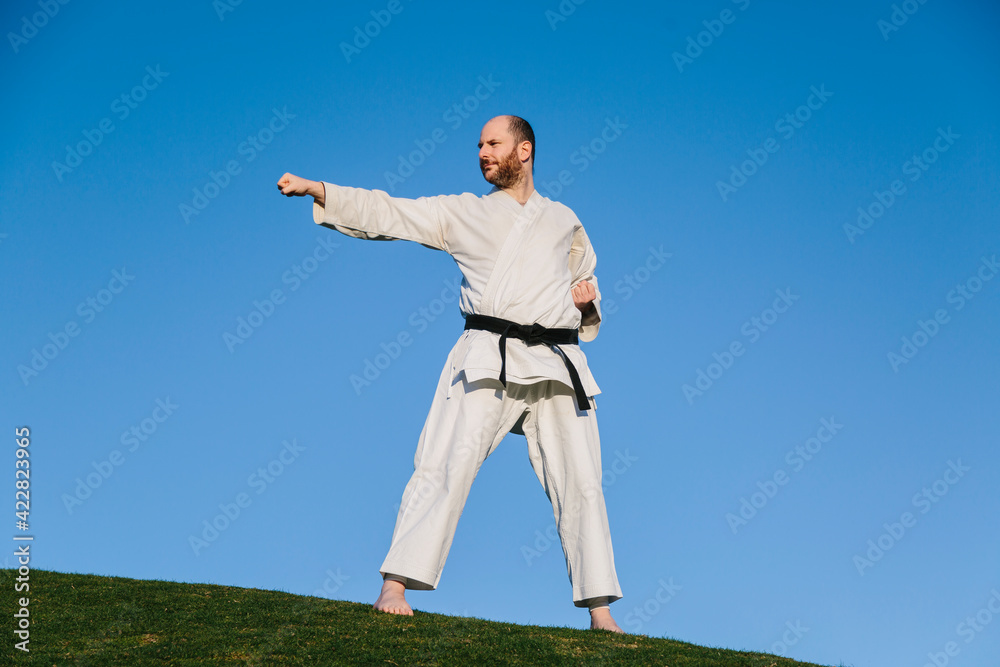 Caucasian man, wearing a karate kimono, throwing a punch in the air. With a park in the background. Karate, self-defense and martial arts concept. Copyspace Caucasian man, wearing a karate kimono, throwing a punch in the air. With a park in the background. Karate, self-defense and martial arts concept. Copyspace