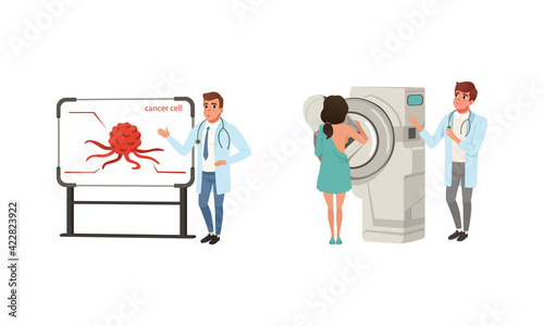 Man Doctor Demonstrating Cancer Cell and Woman Doing Fluorography Vector Set