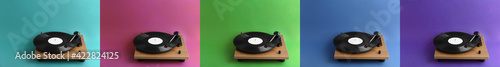 Collage of turntables with vinyl records on different color backgrounds. Banner design