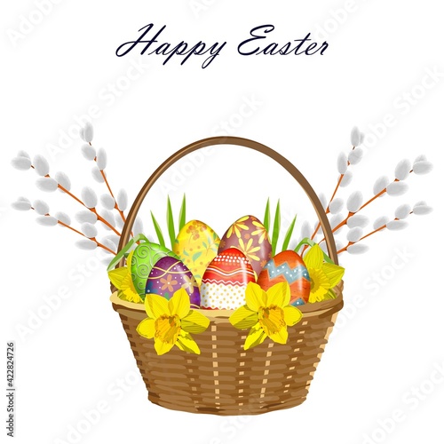 Happy Easter. Wicker basket with colorful decorated Easter eggs with different texture, pattern, pussy-willow and yellow daffodils. Spring holiday. Vector illustration isolated on white background