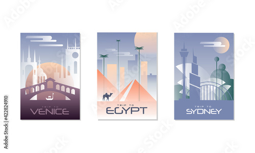 Travel the World Poster with Venice, Egypt and Sydney City View Vector Set