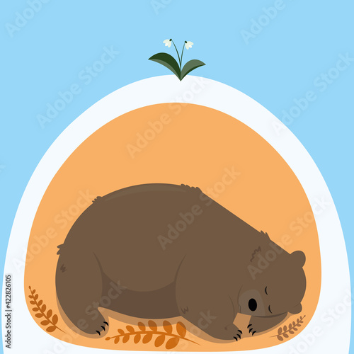 Spring is coming. The bear sleeps in a den under a snowdrift. Snowdrop blooms. Vector flat illustration.