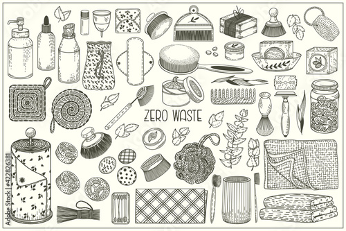 Zero waste set. Hand drawn sketch doodle vector illustration. Recycle and reusable products. Go green, eco style, no plastic, save the planet objects for hygiene and cosmetics. 