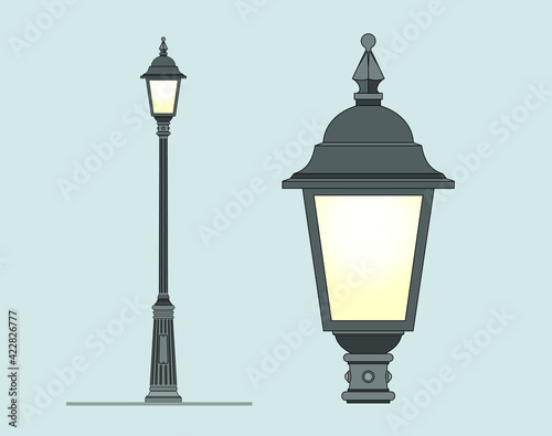 Classic street lamp. Outdoor lighting of the city. Urban design. Design of parks and squares. Garden lamps. Modern architecture. Wrought iron. Luxury landscape design. Lamp post project. Sketch.	