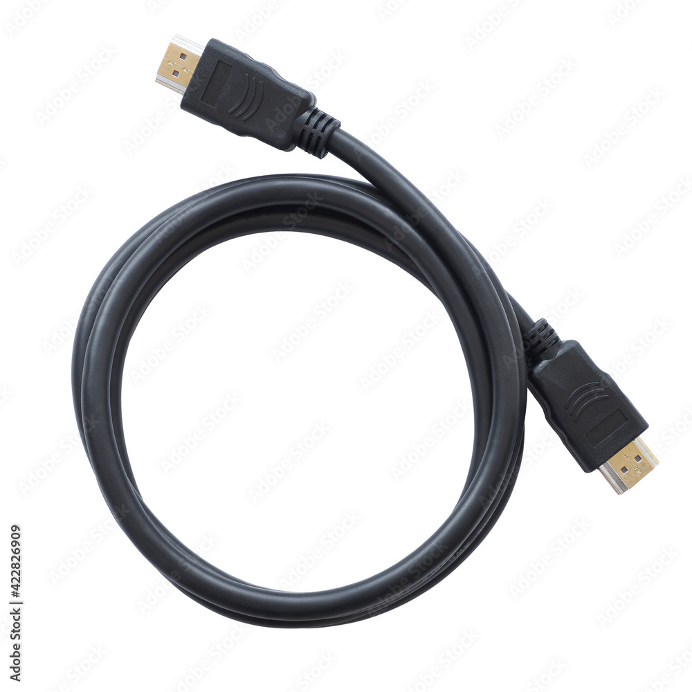 Connecting HDMI cable isolated white background. Tech, electronic, computer, communication cable. Connecting HDMI cable isolated white background. Tech, electronic, computer, communication cable.