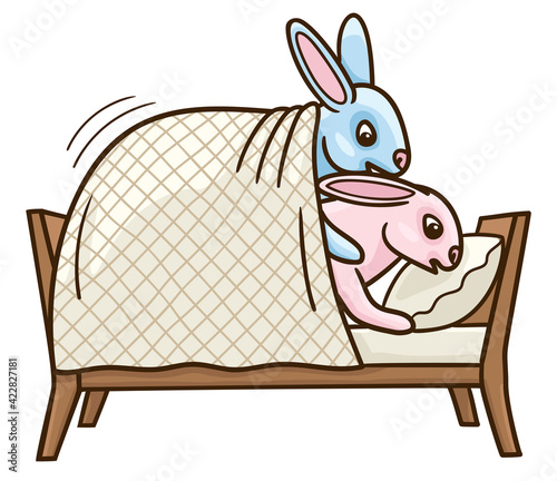 A caricature of passionate lovers. Rabbit sex in bed in a dog pose.