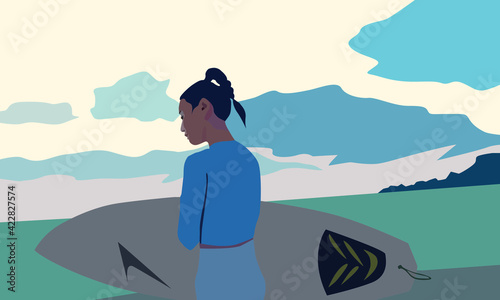 vector illustration depicting a girl with a surfboard walking along the shore against the background of the sea and mountains