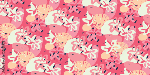 A pink tropical floral seamless vector pattern
