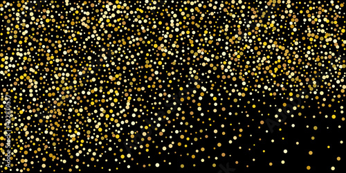 Golden point confetti on a black background.  Illustration of a drop of shiny particles. Decorative element. Element of design. Vector illustration  EPS 10.