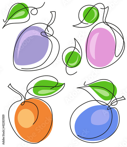 Plums drawn single line, fruit with color spots. Organic simple icon. Food object in minimal graphic hand drawn style. Isolated on white background. Vector set. EPS 8.