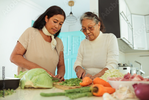 Filipino mother and daughter cooking together at home - Senior woman chopping vegetables for a traditional asian meal