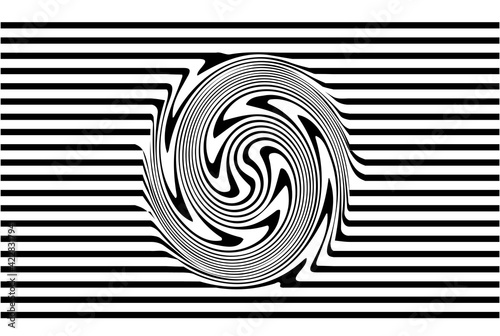 Vortex shape over a pattern of horizontal black stripes. Vector illustration