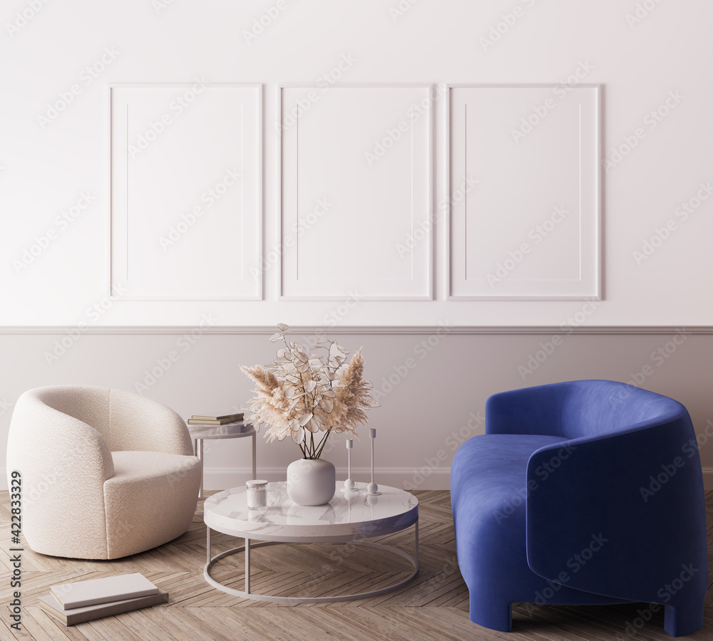 Modern living room design, blue minimal sofa with trendy home accessories, white Frame mock up, 3d render - obrazy, fototapety, plakaty 