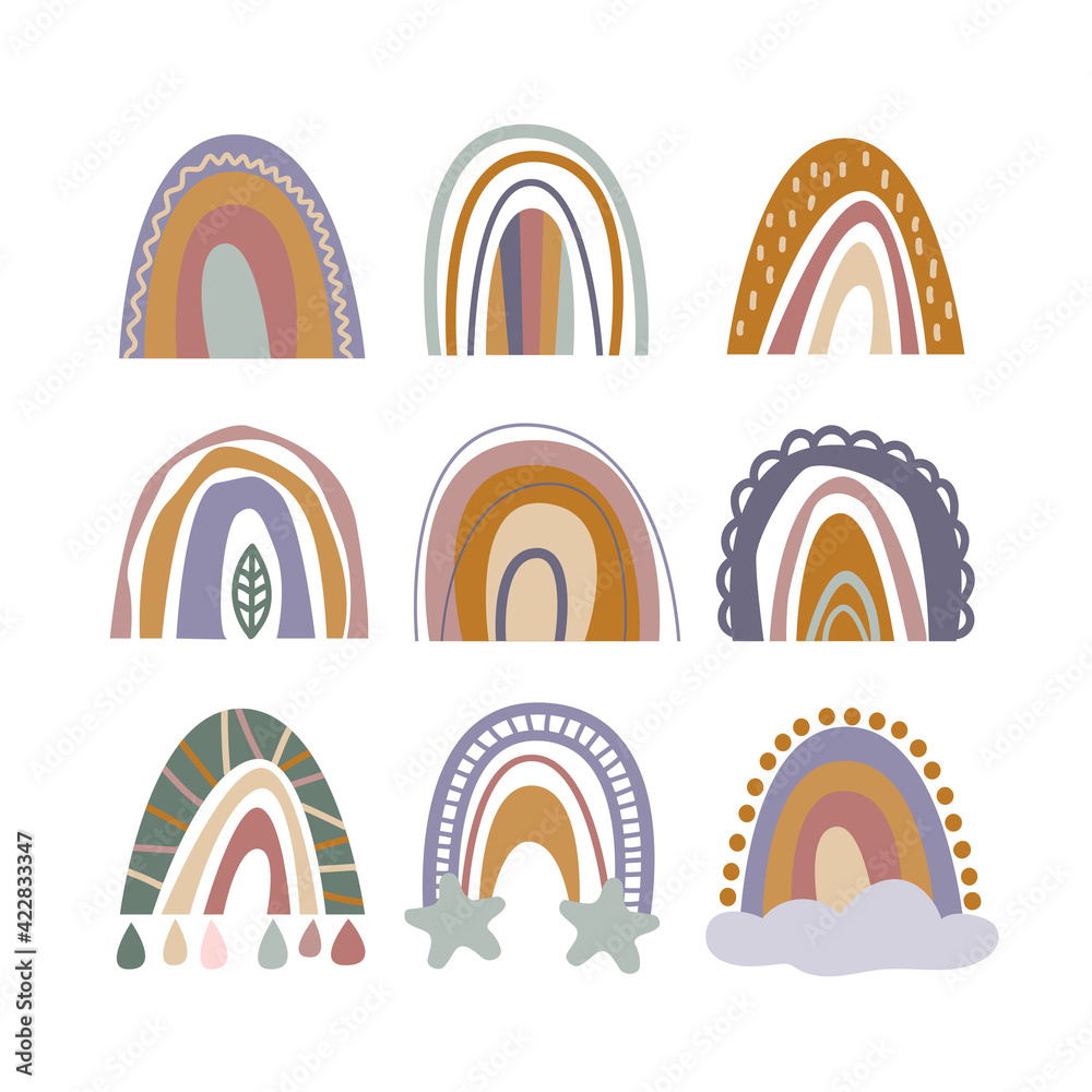 Set of nine hand-drawn rainbows. Nursery wall decor, minimalist vintage boho style. Arch symbol for baby shower party invitation Set of nine hand-drawn rainbows. Nursery wall decor, minimalist vintage boho style. Arch symbol for baby shower party invitation