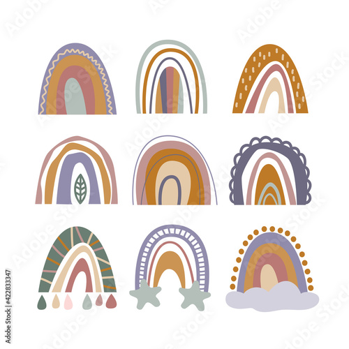 Set of nine hand-drawn rainbows. Nursery wall decor, minimalist vintage boho style. Arch symbol for baby shower party invitation