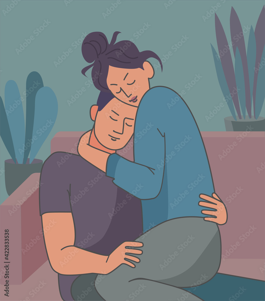 Couple having a cozy moment on the couch at home, hand drawn  flat vector illustration