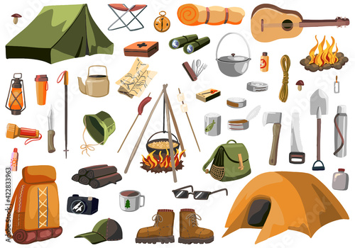 Outdoor adventure set, camping equipment, hiking, travel, tourism theme. Hand drawn vector illustrations. Colorful cartoon cliparts isolated on white. For design, print, decor, card, stickers, banner.