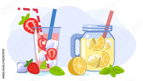 Refreshing drink with ice orange and strawberry Summer vector illustration Hot season elements concept Glass with strawberries and orange Ice cubes in juice water