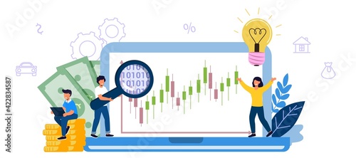 Invest in best idea Investment and analysis money cash profits metaphor Flat design tiny people and business concept for trading Economical wealth revenue visualized as pile of cash vector illustratio