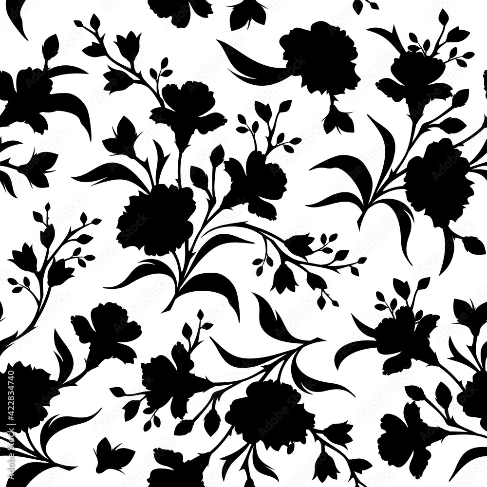Vector seamless black and white floral pattern with flowers.