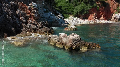 Aerial drone views over a rocky coastline, crystal clear Aegean sea waters, touristic beaches and lots of greenery in Skopelos island, Greece. A typical view of many similar Greek islands.