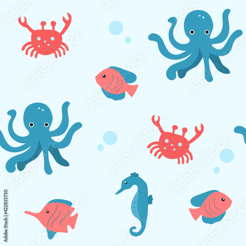 Seamless vector pattern with sea animals - fishes, octopus, seahorse, crab. For textile, clothes, sets of bed-linen, etc © Olga Filimonova